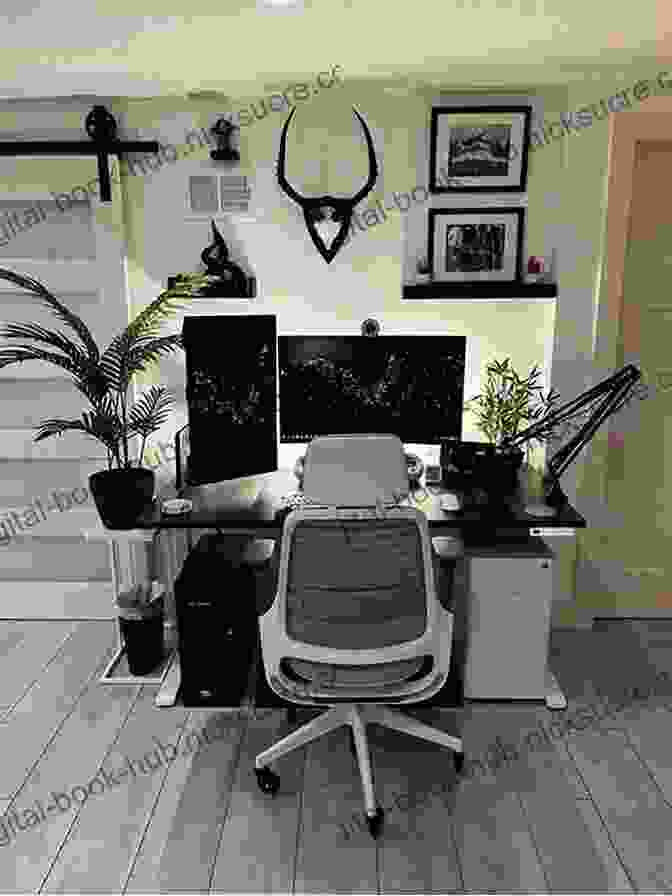 A Modern Minimalist Workspace With A White Desk, Black Chair, And Potted Plant. Ace Your Space: Transform Your Workplace Into Your Own Workspace